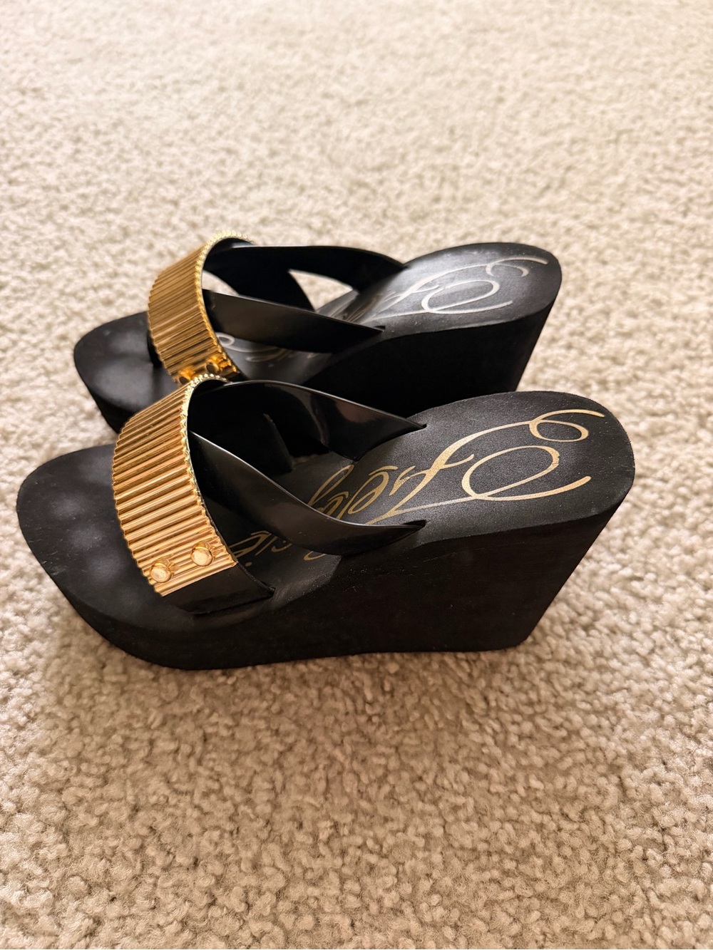 Black Wedge Flip-Flop Sandals with Gold Accent